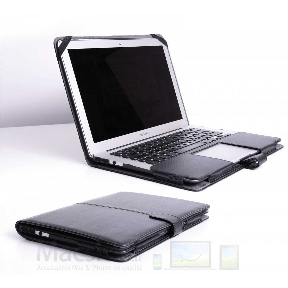 Pochette Macbook Air 13 simili cuir noire à clapet aimanté